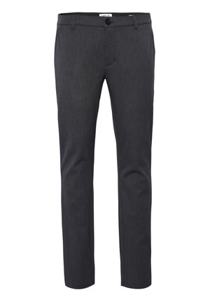 Pantalones gris oscuro de tejido texturizado, con cierre de botón, bolsillos laterales y un diseño ajustado.