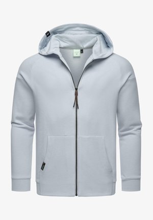 Himmelblaue Zip-Hoodie aus weichem Stoff, mit Kapuze, zwei vorderen Taschen und gerippten Bündchen für einen enganliegenden Sitz.