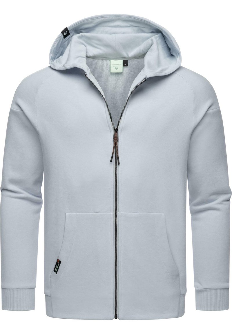Sudadera azul claro con cremallera, hecha de una tela suave, que cuenta con una capucha, dos bolsillos frontales y puños acanalados para un ajuste ceñido.