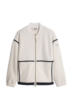 Roomkleurig fleecejack met zwarte accenten op mouwen, zakken en zoom, ritssluiting aan de voorkant, geribde kraag en merkembleem aan de binnenkant van de kraag.