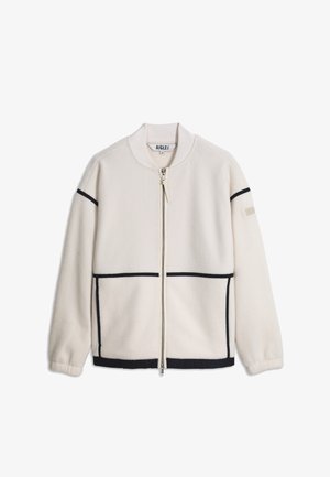 Roomkleurig fleecejack met zwarte accenten op mouwen, zakken en zoom, ritssluiting aan de voorkant, geribde kraag en merkembleem aan de binnenkant van de kraag.