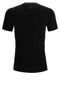 Svart t-skjorte med korte ermer laget av bomull, med rund hals og en solid, glatt tekstur med minimale designelementer og ingen synlige logoer.