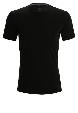Svart t-skjorte med korte ermer laget av bomull, med rund hals og en solid, glatt tekstur med minimale designelementer og ingen synlige logoer.