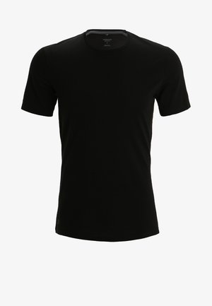 Schwarzes Kurzarm-T-Shirt aus Baumwolle, mit Rundhalsausschnitt und einer soliden, glatten Textur, minimalen Designelementen und ohne sichtbare Logos.