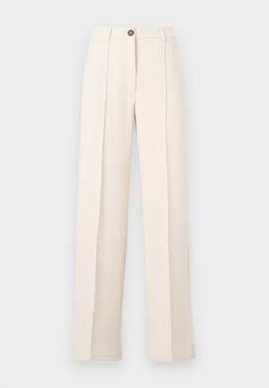 Beige wide-leg trousers with a smooth texture, featuring a button closure and two front pleats. No pockets visible in the design.