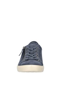 Navy suede sneakers with white rubber sole, featuring laces and side zip for easy wear. Rounded toe and smooth texture.