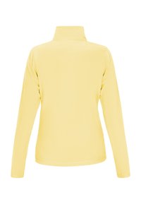 Langærmet, gul fleecebluse med høj krave. Glat tekstur, tætsiddende design og ingen synlige sømme på ryggen.