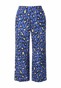 Pantalons larges bleus avec un imprimé léopard en noir et brun clair. Taille élastique et tissu texturé. Design décontracté pour un ajustement confortable.