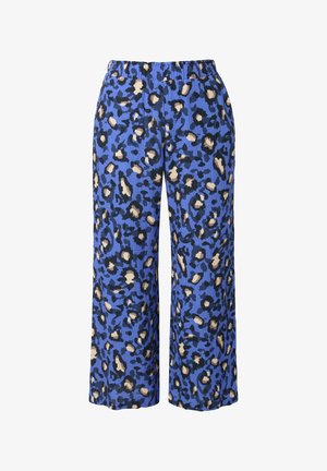 Blauwe, wijde broek met een luipaardprint in zwart en lichtbruin. Elastieke tailleband en textuurstof. Casual ontwerp voor een relaxte pasvorm.