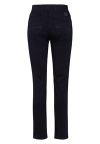 Dunkelblaue Jeans mit geradem Schnitt, ausgestattet mit zwei Gesäßtaschen, genähten Details und einem Bund mit Schlaufen.