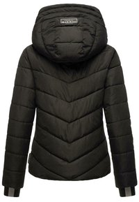 Black padded jacket with a chevron pattern, featuring a hood and ribbed cuffs. Material has a smooth texture and is lightweight yet warm.