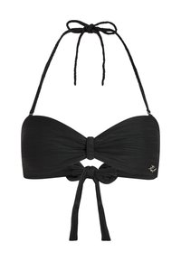 Schwarze, strukturierte, trägerlose Bikini-Oberteil mit Halterneck-Bindung und vorderem Schleifendetail, versehen mit einem kleinen metallischen Logo an der Seite.
