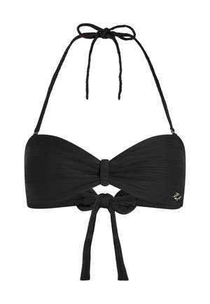 Haut de bikini noir texturé sans bretelles avec nœud à tie autour du cou et détail de nœud à l'avant, avec un petit logo métallique sur le côté.