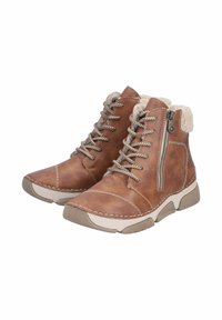 Bottines en cuir marron avec une surface texturée, lacets à l'avant, zip sur le côté et doublure moelleuse. Elles présentent une semelle de couleur claire et des coutures renforcées.
