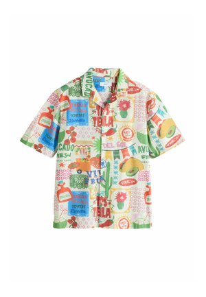 Short-sleeve button-up shirt with colorful Mexican food-themed prints including tacos, avocados, cacti, salsa, and tequila bottles.