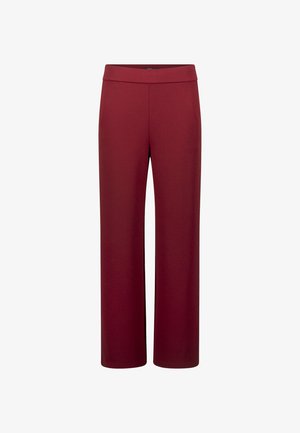 Bordeaux wijde broek met een gladde stof, tailleband op middelhoog niveau en zonder zichtbare zakken of versieringen. Op maat gemaakt voor een ontspannen pasvorm.