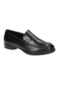 Fekete bőr slip-on cipők kerek orral, sima felülettel és diszkrét varrási részletekkel az elején. Alacsony profilú gumitalp.