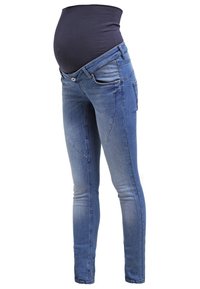 Jeans de maternidad en denim azul claro, con un panel elástico negro en la barriga, diseño ajustado, bolsillos visibles y detalles de costura sutiles.