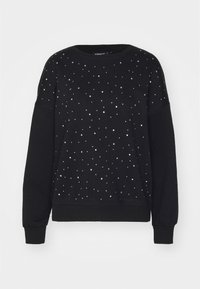 Sudadera negra con cuello redondo, mangas largas y un corte relajado, adornada con tachuelas plateadas dispersas en el frontal como detalle.