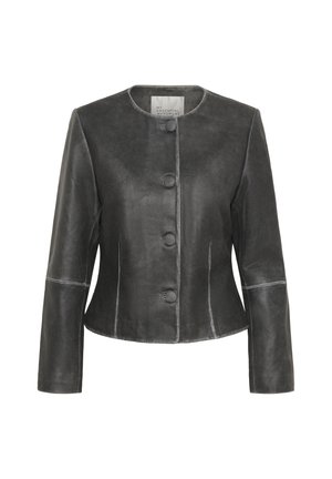 Gray leather jacket with a round neckline, long sleeves, five front buttons, and contrasting stitching details. Smooth texture and tailored fit.