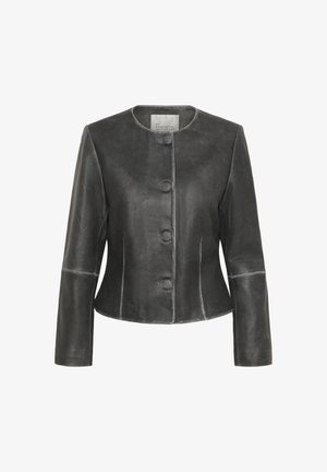 Veste en cuir gris avec un col rond, des manches longues, cinq boutons sur le devant et des détails de couture contrastants. Texture lisse et coupe ajustée.