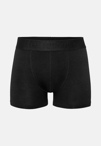 Boxer briefs neri con una discreta fascia con marchio e dettagli di cucitura sul pannello anteriore, su uno sfondo chiaro e semplice.