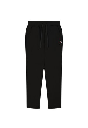 Schwarze Jogginghose mit elastischem Taillenbund, verstellbarem Kordelzug, Seitentaschen und einem kleinen Logo am oberen linken Bein.