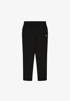 Schwarze Jogginghose mit elastischem Taillenbund, verstellbarem Kordelzug, Seitentaschen und einem kleinen Logo am oberen linken Bein.