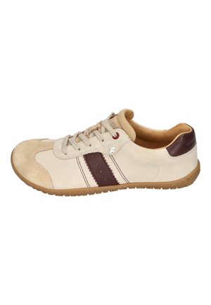 Beige and brown casual sneaker with suede toe, leather heel, side stripe, lace-up front, and gum rubber sole.