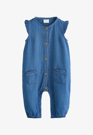 Mėlynas kūdikių bodis be rankovių su priekiniais mygtukais, raukiniais ant peties, dviem priekinėmis kišenėmis ir elastinėmis kojų apykaklėmis.