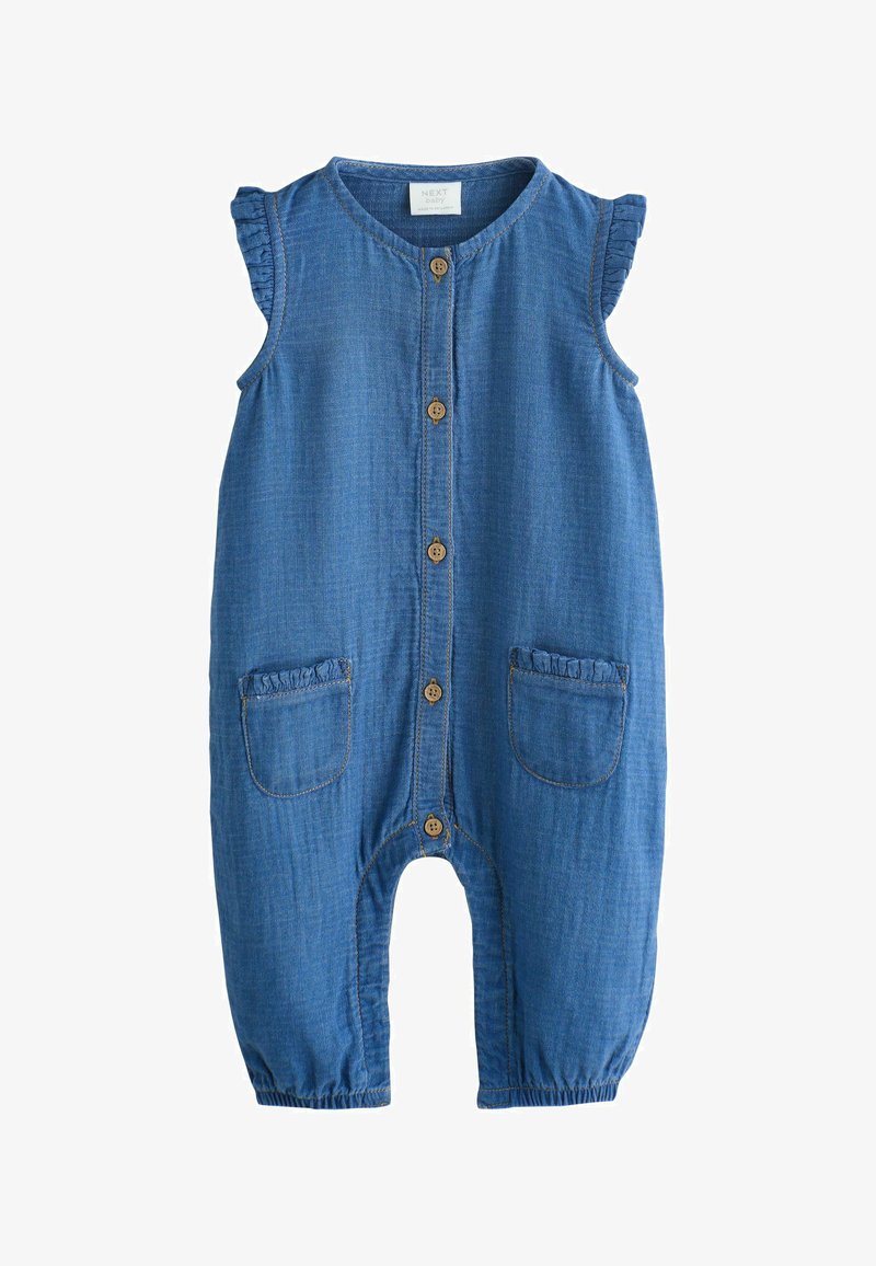 Kék ujjatlan babaruha elöl gombokkal, fodros vállrészletekkel, két elülső zsebbel és rugalmas szárbefejezéssel.