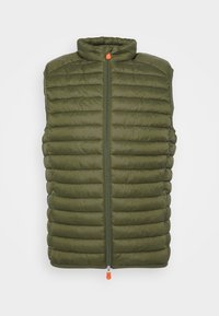 Gilet invernale senza maniche di colore verde oliva, trapuntato, con zip frontale e tirazip arancioni, colletto rialzato.