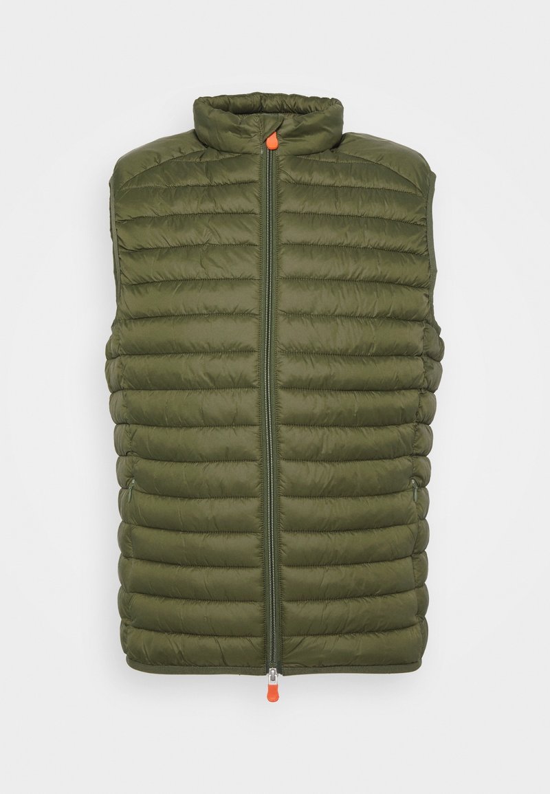 Gilet invernale senza maniche di colore verde oliva, trapuntato, con zip frontale e tirazip arancioni, colletto rialzato.