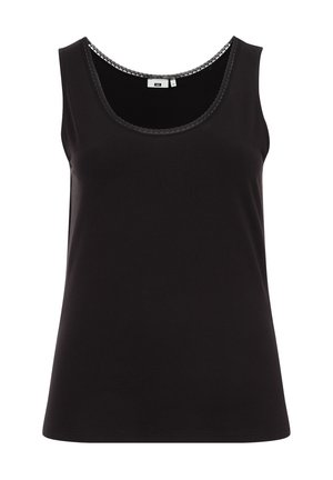 Black tank top with a round neckline and thin, decorative lace trim along the edges. Made from smooth fabric with a relaxed fit.