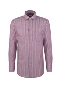 Herren Langarmhemd mit weißen vertikalen Streifen auf bordeauxfarbenem Stoff, ausgestattet mit einer Brusttasche und einem klassischen Kragen.