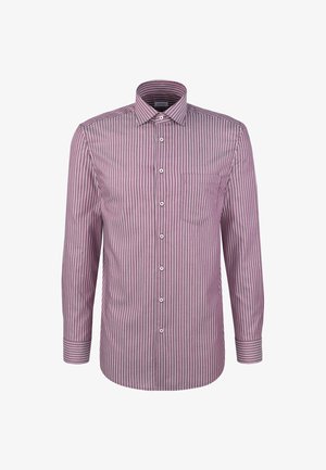 Herren Langarmhemd mit weißen vertikalen Streifen auf bordeauxfarbenem Stoff, ausgestattet mit einer Brusttasche und einem klassischen Kragen.