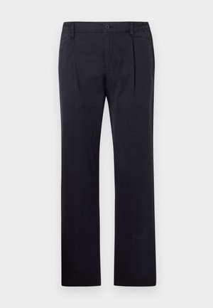 Sorte bomuldsbukser med lige ben design, der har knaplukning og elastisk talje for justerbar pasform. Glat tekstur, uden mønstre.