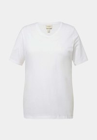 Bílý krátký rukáv V-krk tričko vyrobené z bavlny. Hladká textura s klasickým střihem bez ozdob a vzorů.