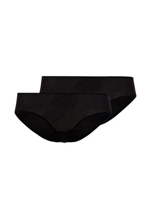 Two plain black seamless women's bikini-style underwear briefs stacked on a white background.