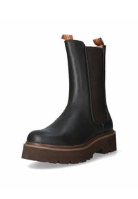 Stivale alla caviglia in pelle nera con pannelli elasticizzati sui lati, suola in gomma testurizzata marrone e linguette di estrazione in arancione a contrasto. Design della punta arrotondata.