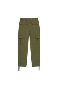 Olivgrüne Cargo-Hosen mit elastischem Bündchen, ausgestattet mit zwei großen Seitentaschen und zwei Gesäßtaschen, abgerundet mit Kordelzügen am Saum.