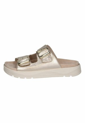 Slip-on sandal med beige polstret sål, metallisk guld overdel og to justerbare remme med spænder over foden.