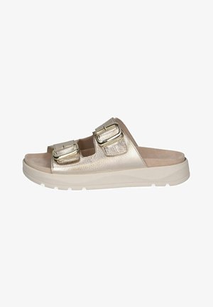 Slip-on sandal med beige polstret sål, metallisk guld overdel og to justerbare remme med spænder over foden.