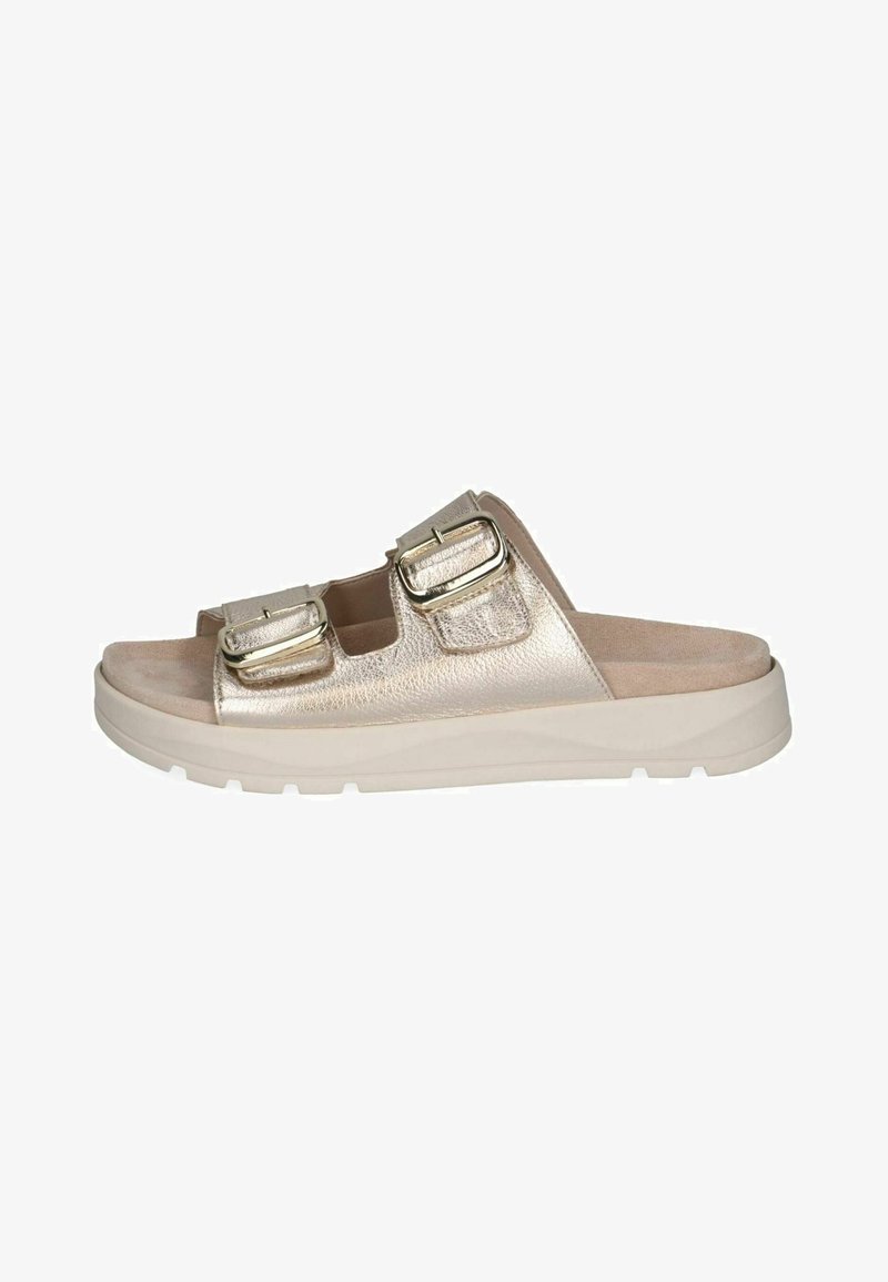 Sandale à enfiler avec semelle beige rembourrée, dessus métallique doré et deux brides réglables avec boucles sur le pied.