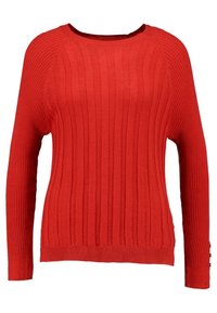 Pull rouge en tricot côtelé avec manches longues, encolure ronde et boutons décoratifs aux poignets. Le matériau semble doux et texturé.