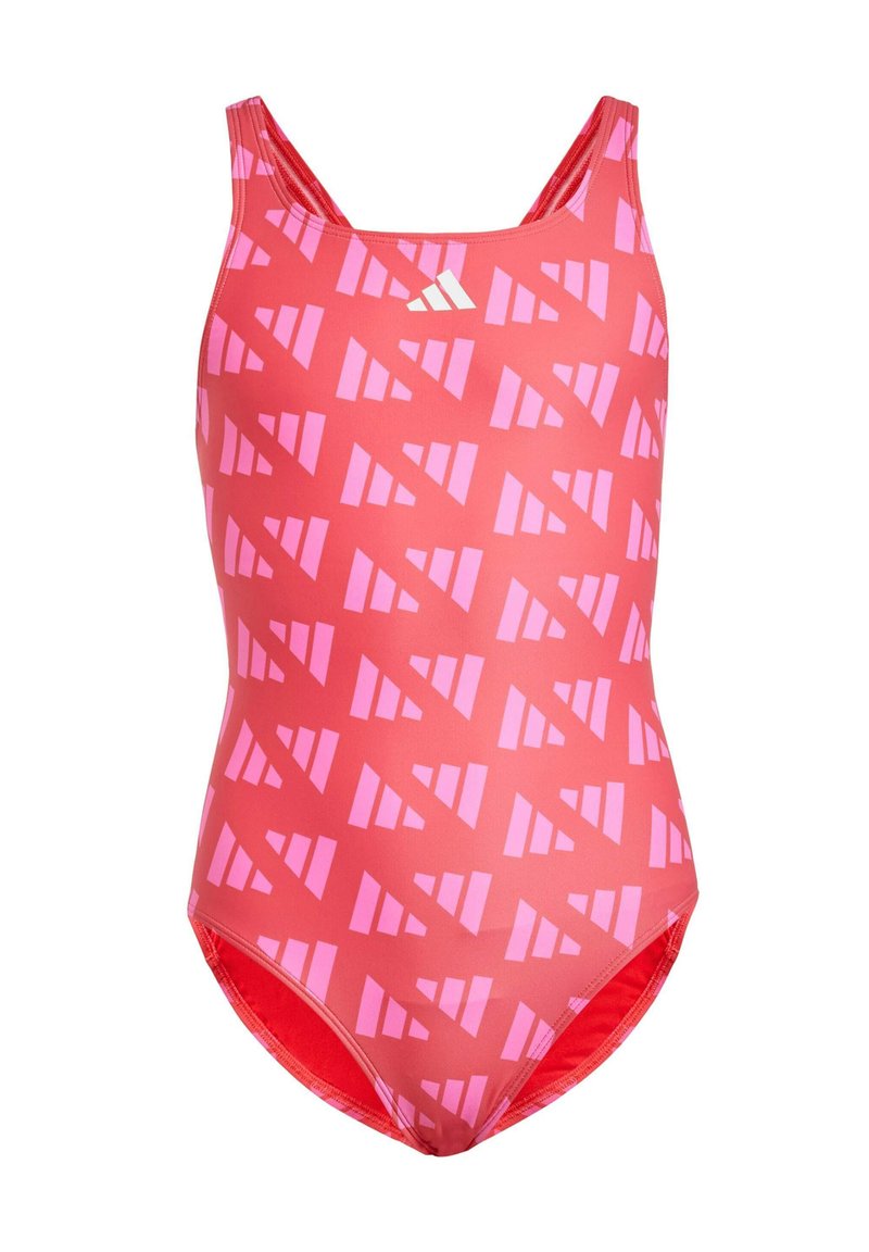 Red one-piece swimsuit with pink geometric pattern, featuring spaghetti straps and a low-cut back; made of stretchy, smooth fabric.