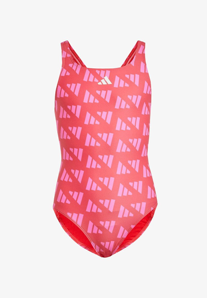 Bañador rojo de una sola pieza con patrón geométrico rosa, con tirantes finos y un escote en la espalda bajo; hecho de una tela elástica y suave.