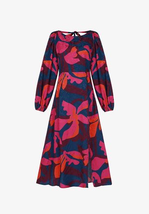 Langerekjurk met een strikrughalstoofie, voorzien van gedurfde abstracte bloemenpatronen in roze, rood en paars op een donkerblauwe achtergrond.