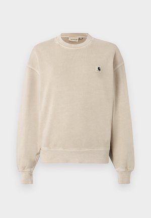 Vaahto beige sweatshirt, jossa on pyöreä kaula-aukko, pitkät hihat, joustavat hihansuut ja helma. Vasemmassa rinnassa on pieni logo-päällyste. Pehmeä, teksturoitu kangas.