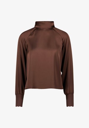 Brown long-sleeve top with a high collar, made of smooth fabric, featuring raglan sleeves and scalloped cuffs for added detail.